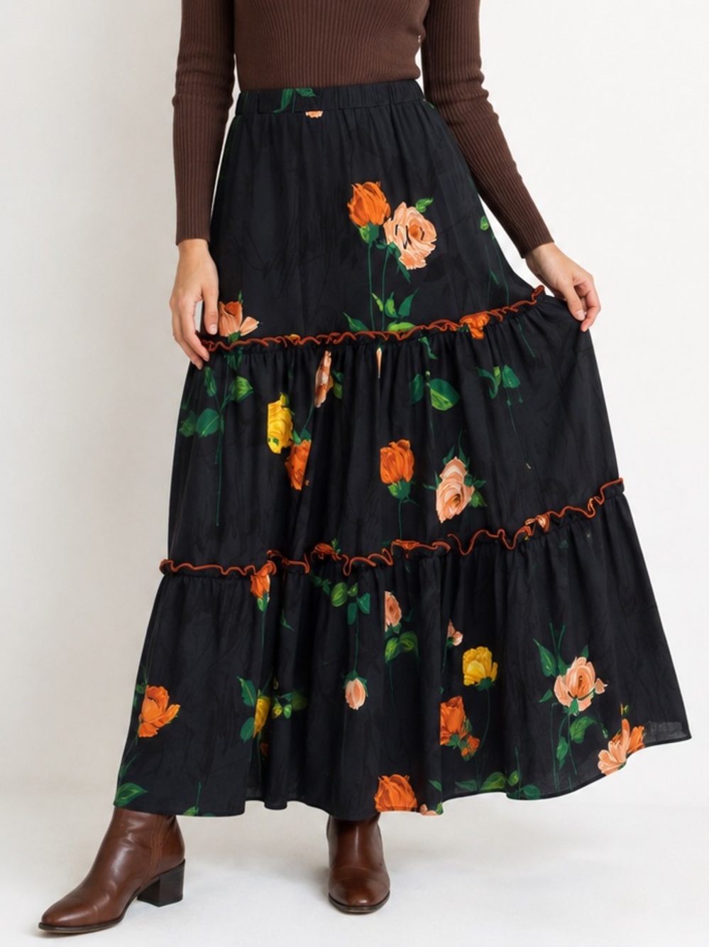 Vintage Black Orange Floral Tiered Prairie Maxi Skirt XS–M elastic waist 20”-35”